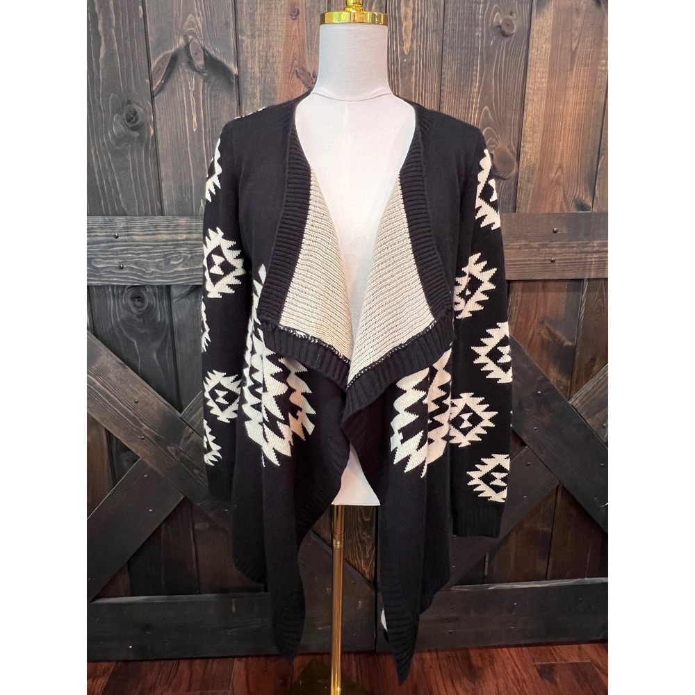 Priceless Black Beige Aztec Waterfall Cardigan M L Wool Blend Boho Chunky Knit